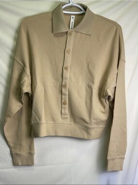 Cropped Waffle Knit Long Sleeve Polo - Khaki